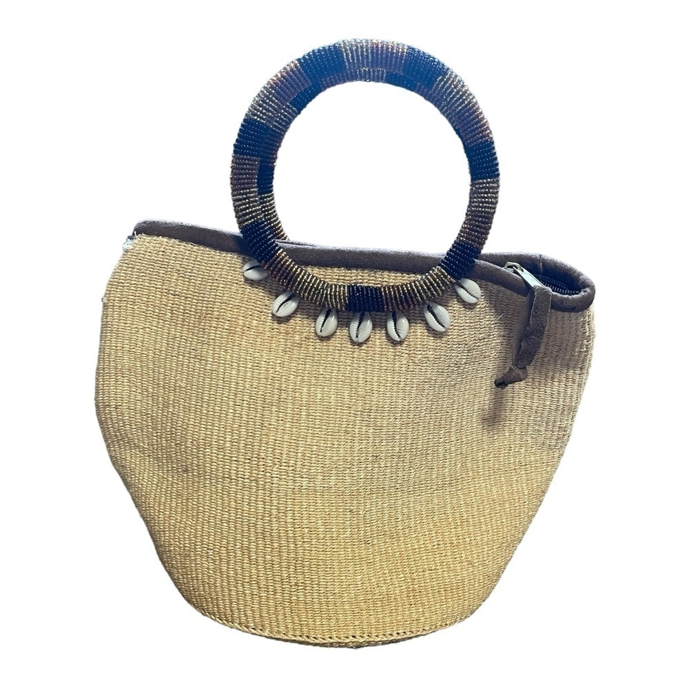 Tan Woven Beaded Handle Handbag